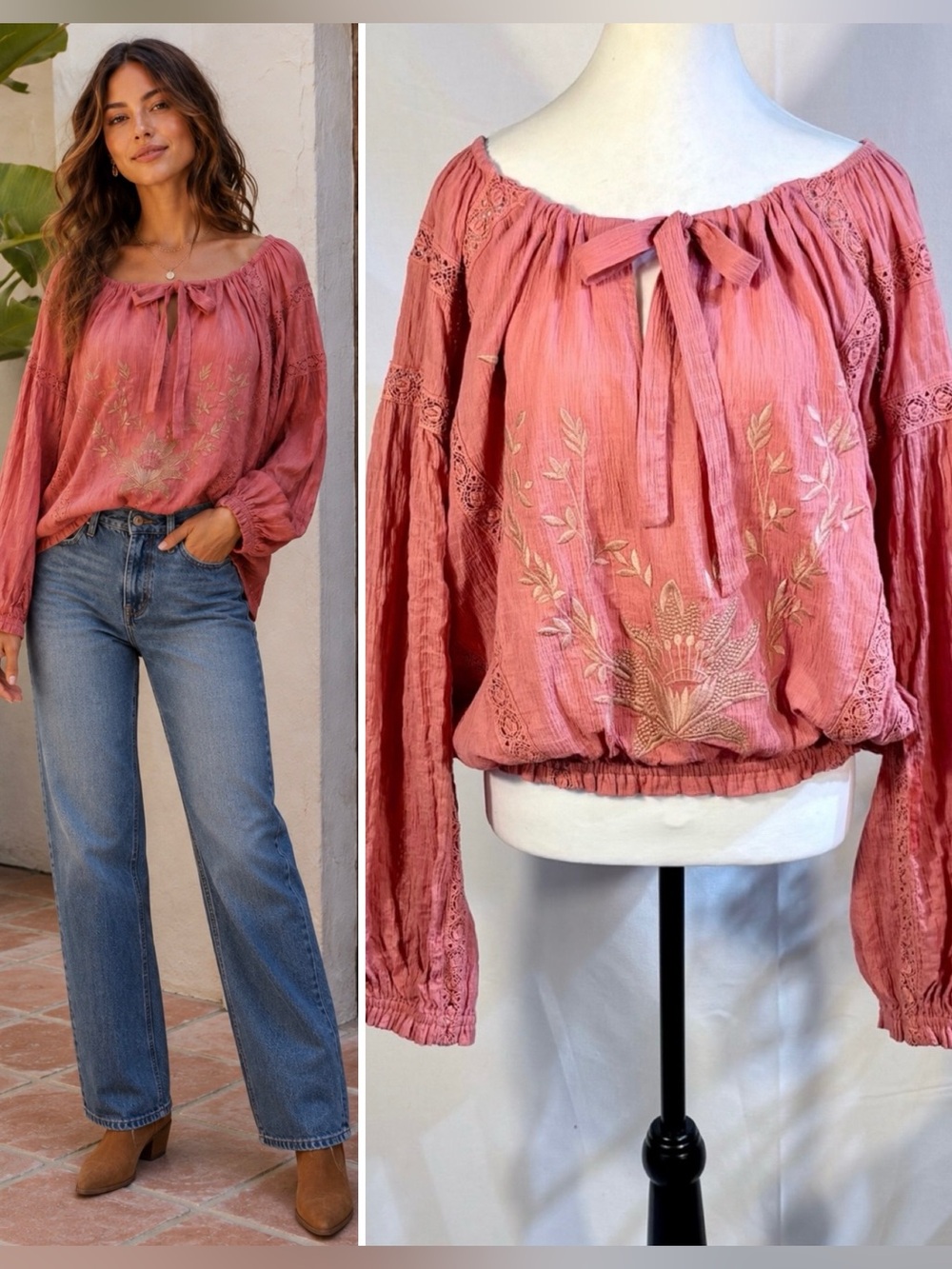 💥Free People Maria Maria Lace Embroidered Blouse Dusty Coral Pink Sz M🧡